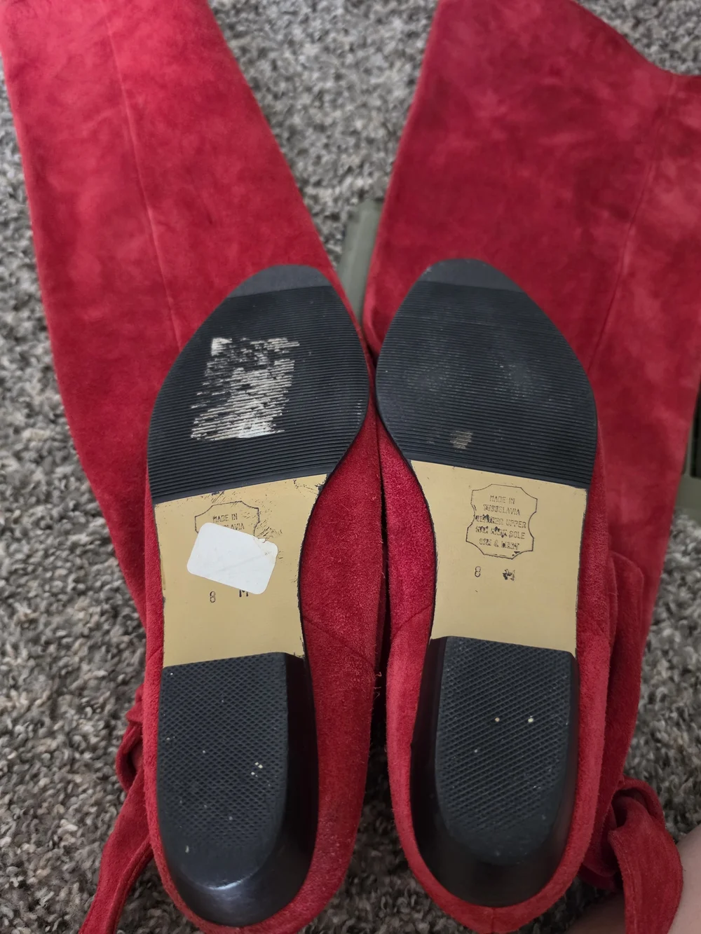 Vintage Red Suede Knee High Slouch Boots Made in Yugoslavia Size 8M Bow Accent